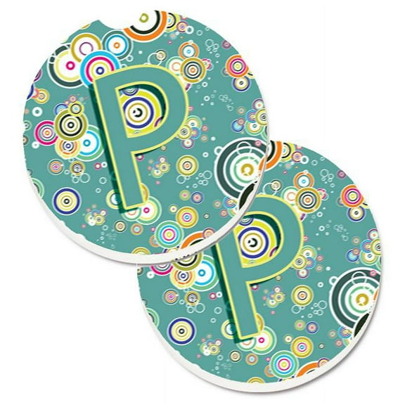 Carolines Treasures  Letter P Circle Circle Teal Initial Alphabet Set of 2 Cup Holder Car Coaster - Teal - 2.5in. H x 0.25in. W x 2.5in. L