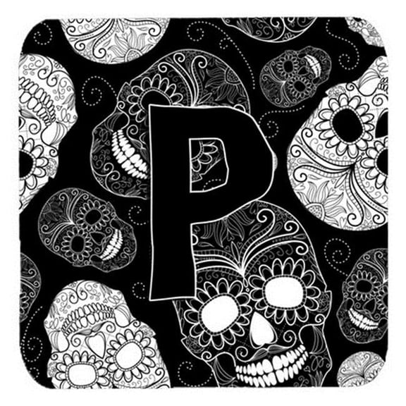 Carolines Treasures  Letter P Day Of The Dead Skulls Black Foam Coasters- Set Of 4 - Black