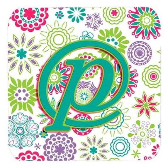 Carolines Treasures Letter P Flowers Pink Teal Green Initial Foam Coasters- Set Of 4