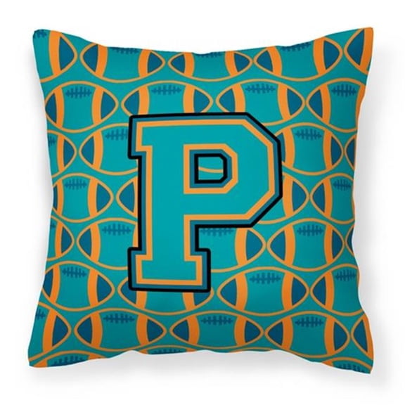 Carolines Treasures  Letter P Football Aqua - Orange & Marine Blue Fabric Decorative Pillow