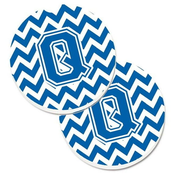 Carolines Treasures Letter Q Chevron Blue & White Set of 2 Cup Holder Car Coaster - Blue & White