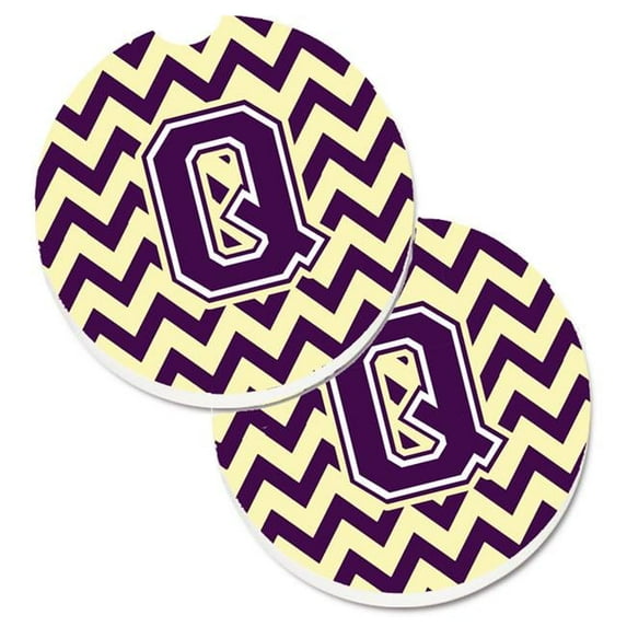 Carolines Treasures Letter Q Chevron Purple & Gold Set of 2 Cup Holder Car Coaster - Purple & Gold