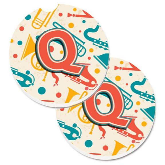 Carolines Treasures Letter Q Retro Teal Orange Musical Instruments Initial Set of 2 Cup Holder Car Coaster - Teal Orange