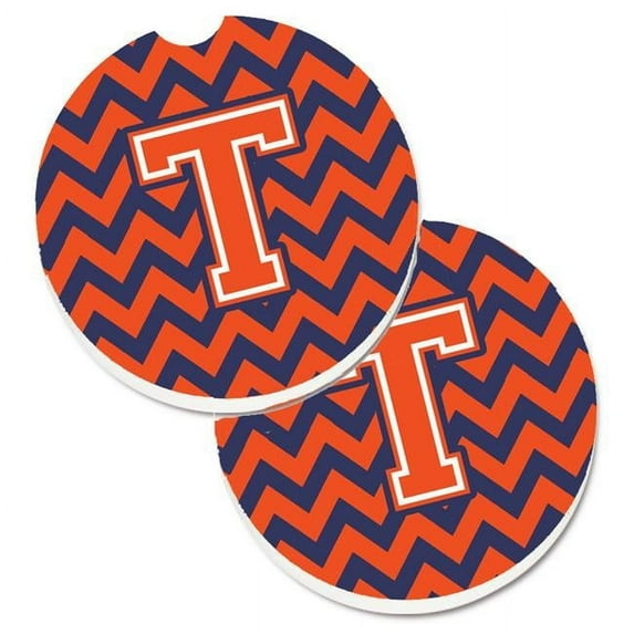 Carolines Treasures Letter T Chevron Orange & Blue Set of 2 Cup Holder Car Coaster - Orange & Blue