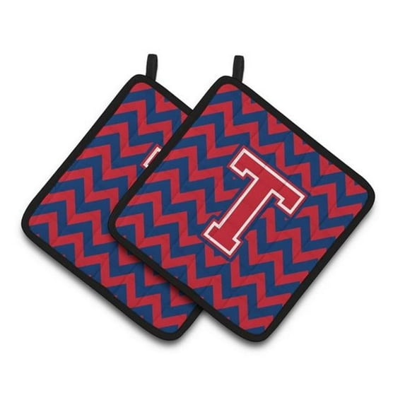 Carolines Treasures Letter T Chevron Yale Blue & Crimson Pair of Pot Holders - 7.5 x 3 x 7.5 in.