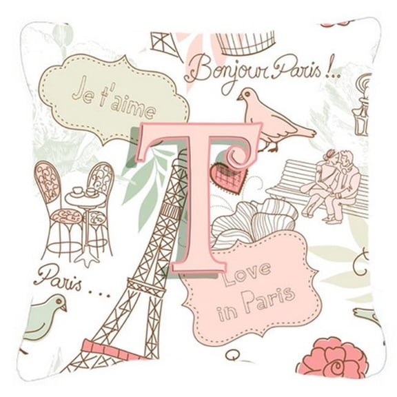Carolines Treasures  Letter T Love In Paris Pink Canvas Fabric Decorative Pillow - Pink - 14 L x 3 W x 14 H in.