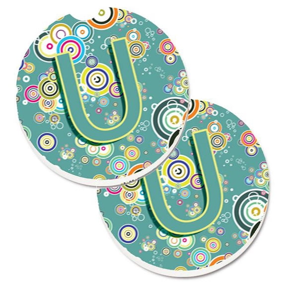 Carolines Treasures Letter U Circle Circle Teal Initial Alphabet Set of 2 Cup Holder Car Coaster - Teal - 2.5in. H x 0.25in. W x 2.5in. L