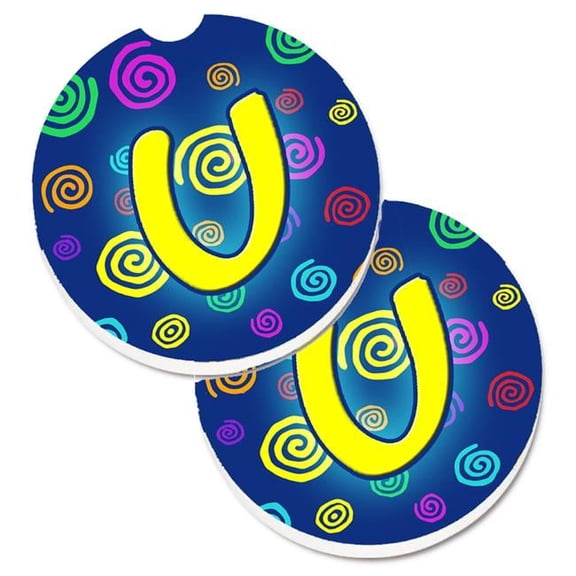 Carolines Treasures Letter U Initial Monogram Blue Swirls Set of 2 Cup Holder Car Coaster - Blue