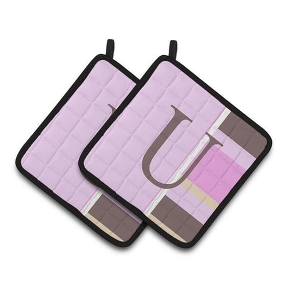 Carolines Treasures  Letter U Initial Monogram - Pink Stripes Pair of Pot Holders - 7.5 x 3 x 7.5 in.