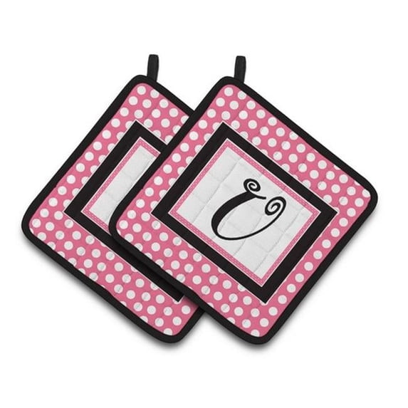 Carolines Treasures Letter U Monogram - Pink Black Polka Dots Pair of Pot Holders - 7.5 x 3 x 7.5 in.