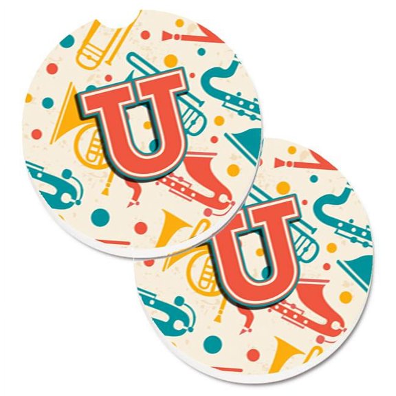 Carolines Treasures Letter U Retro Teal Orange Musical Instruments Initial Set of 2 Cup Holder Car Coaster