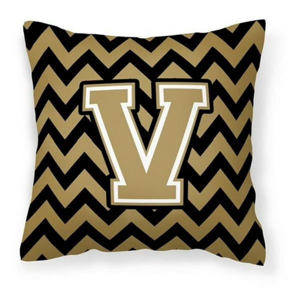 Carolines Treasures Letter V Chevron Black & Gold Fabric Decorative Pillow - Black & Gold - 14in. H x 3in. W x 14in. L