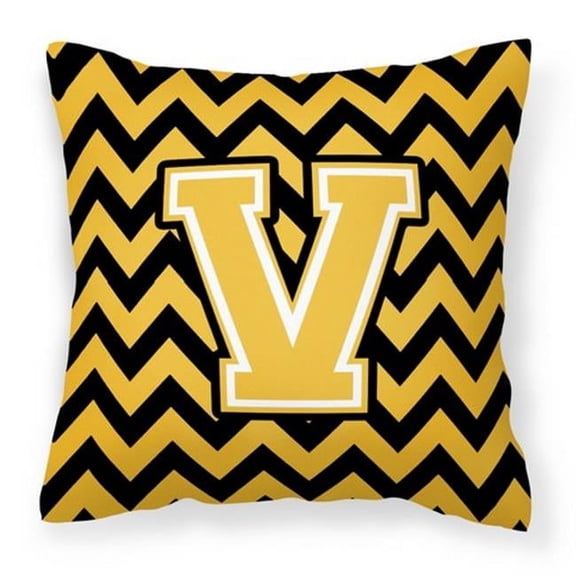 Carolines Treasures  Letter V Chevron Black & Gold Fabric Decorative Pillow - Black & Gold - 14in. H x 3in. W x 14in. L