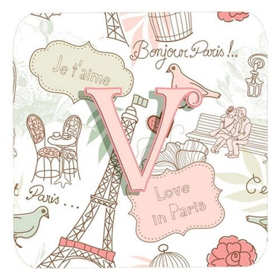 Carolines Treasures  Letter V Love In Paris Pink Foam Coasters- Set Of 4