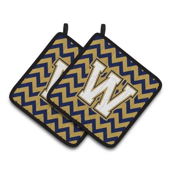 Carolines Treasures Letter W Chevron Navy Blue & Gold Pair of Pot Holders