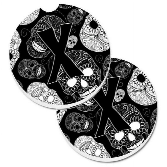 Carolines Treasures Letter X Day of the Dead Skulls Black Set of 2 Cup Holder Car Coaster - Black
