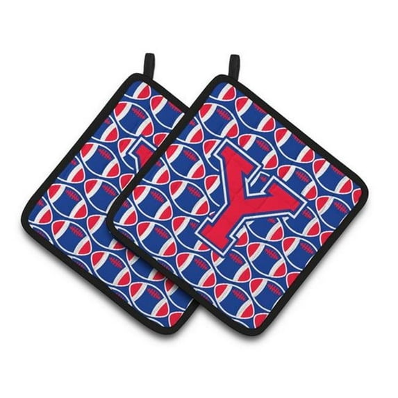 Carolines Treasures Letter Y Football Harvard Crimson & Yale Blue Pair of Pot Holders - 7.5 x 3 x 7.5 in.