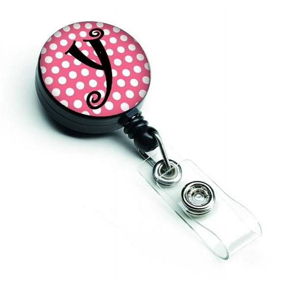 Carolines Treasures Letter Y Monogram Pink & Black Polka Dots Retractable Badge Reel - Pink & Black - 5in. H x 1in. W x 2in. L