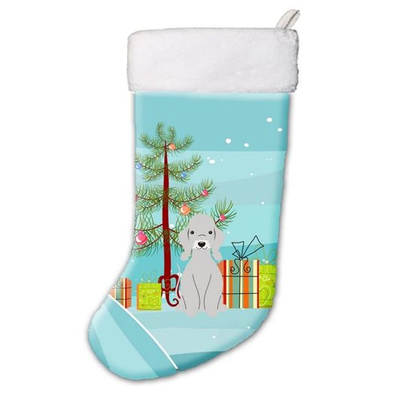 Carolines Treasures Merry Christmas Tree Bedlington Terrier Blue Christmas Stocking - Blue - 18in. H x 0.25in. W x 11in. L