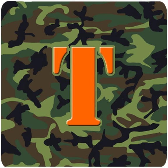 Carolines Treasures  Monogram - Camo Green Foam Coasters- Initial Letter T - Set 4- 3.5 x 3.5 In.