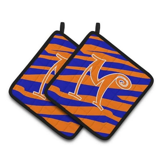 Carolines Treasures Monogram Initial M Tiger Stripe Blue & Orange Pair of Pot Holders