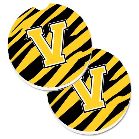 Carolines Treasures  Monogram Initial V Tiger Stripe Black & Gold Set of 2 Cup Holder Car Coaster