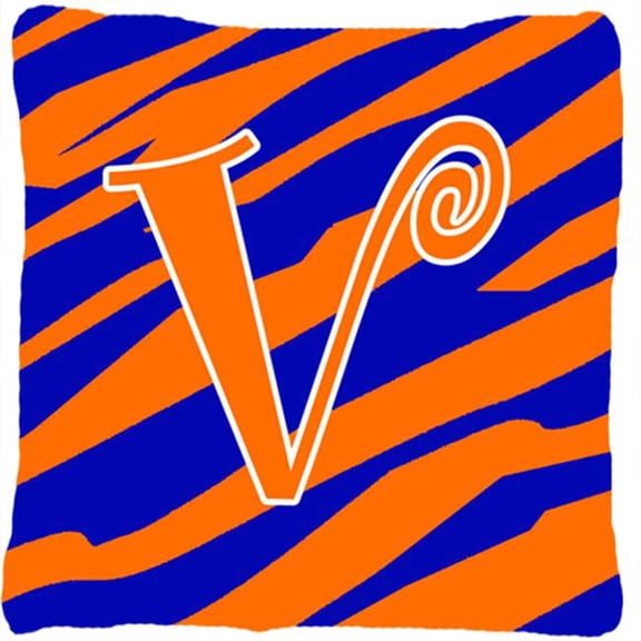 Carolines Treasures  Monogram Initial V Tiger Stripe Blue and Orange Fabric Decorative Pillow