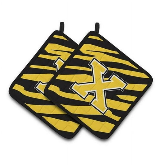 Carolines Treasures Monogram Initial X Tiger Stripe - Black Gold Pair of Pot Holders