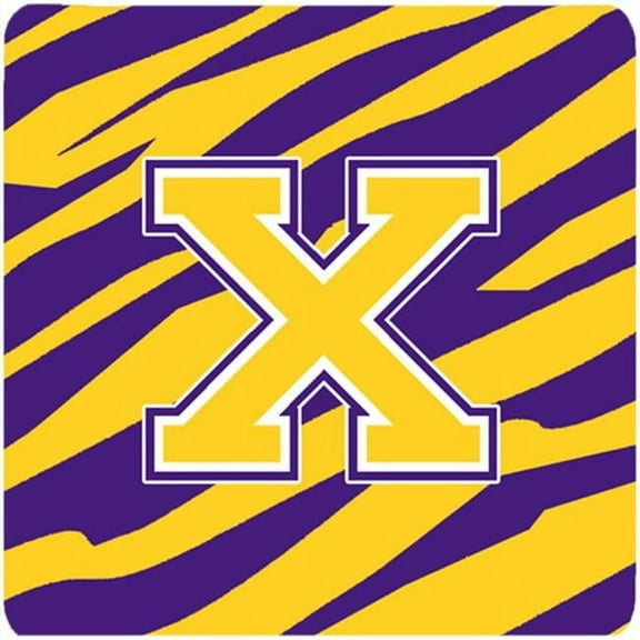 Carolines Treasures  Monogram - Initial X Tiger Stripe - Purple Gold Foam Coasters- Set - 4