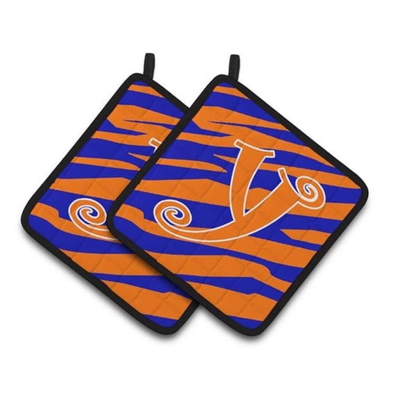 Carolines Treasures Monogram Initial Y Tiger Stripe Blue & Orange Pair of Pot Holders