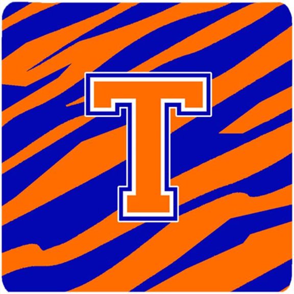 Carolines Treasures  Monogram - Tiger Stripe - Blue Orange Foam Coasters- Initial Letter T - Set 4- 3.5 x 3.5 In.