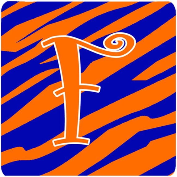 Carolines Treasures Monogram Tiger Stripe Blue and Orange Foam Coasters Initial Letter F- Set of 4