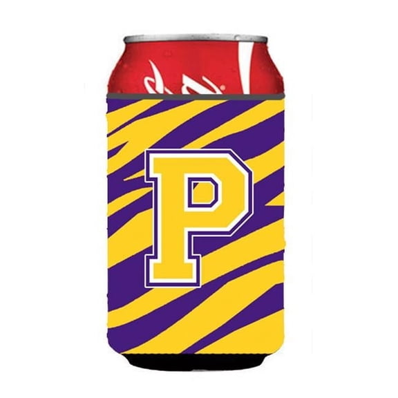 Carolines Treasures  Monogram - Tiger Stripe - Purple Gold Can Or Bottle Initial P