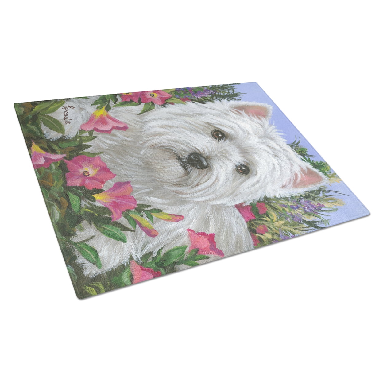 Carolines Treasures PPP3221LCB Westie Petunia Glass Cutting Board Large, 12H x 16W, multicolor