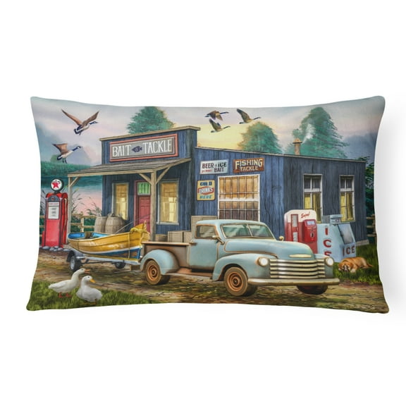 Carolines Treasures PTW2065PW1216 Early Bird Catches the Fish Bait Shop Canvas Fabric Decorative Pillow  12H x16W