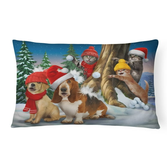 Carolines Treasures PTW2066PW1216 "Basset Golden and Cats Snowball Fight Canvas Fabric Decorative Pillow " 12H x16W