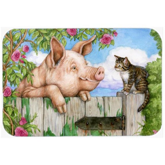 Carolines Treasures Pig at the Gate with the Cat Glass Cutting Board Large - Multicolor - 15 x 12 in.