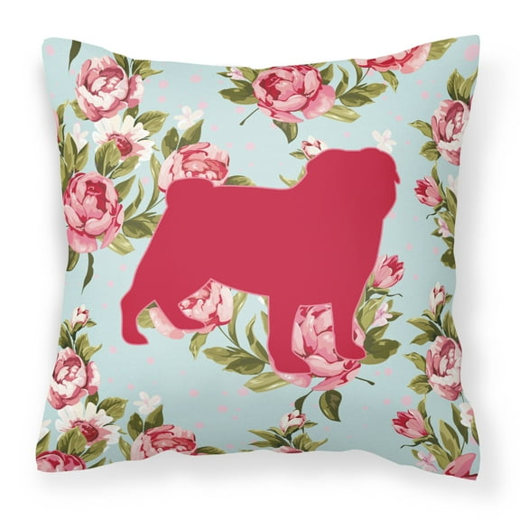 Carolines Treasures Pug Shabby Chic Blue Roses Canvas Fabric Decorative Pillow BB1112 14Hx14W multicolor