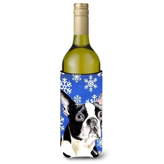 Carolines Treasures SC9360LITERK Boston Terrier Winter Snowflakes Holiday Wine Bottle Hugger Wine Bottle multicolor