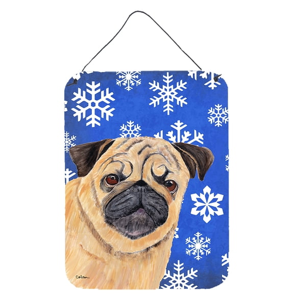 Carolines Treasures SC9371DS1216 Pug Winter Snowflakes Holiday Wall or Door Hanging Prints 12WX16H multicolor