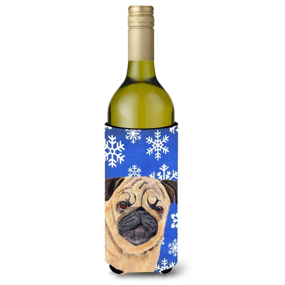 Carolines Treasures SC9371LITERK Pug Winter Snowflakes Holiday Wine Bottle Hugger Wine Bottle multicolor