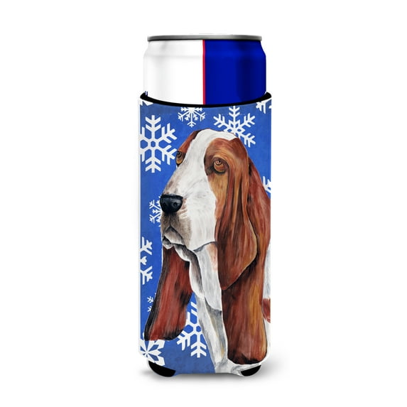 Carolines Treasures SC9372MUK Basset Hound Winter Snowflakes Holiday Ultra Hugger for slim cans Slim Can multicolor