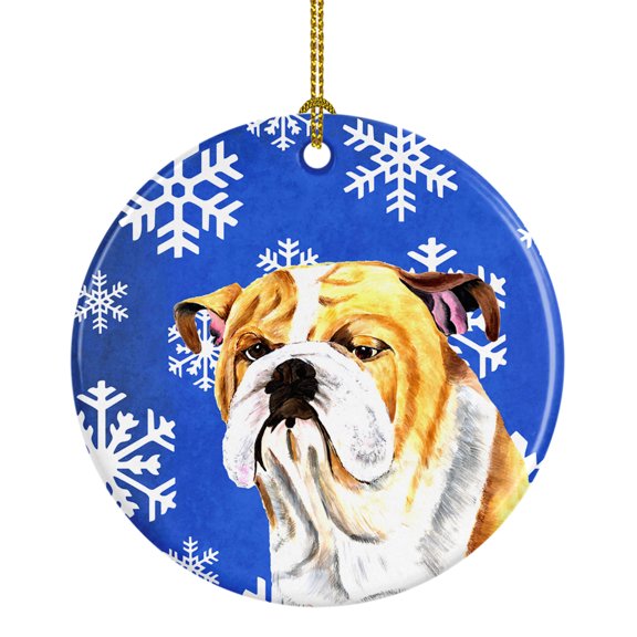 Carolines Treasures SC9374-CO1 Bulldog English Winter Snowflakes Holiday Ceramic Ornament 3 in multicolor