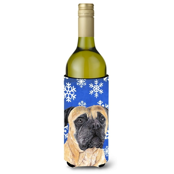 Carolines Treasures SC9385LITERK Mastiff Winter Snowflakes Holiday Wine Bottle Hugger Wine Bottle multicolor