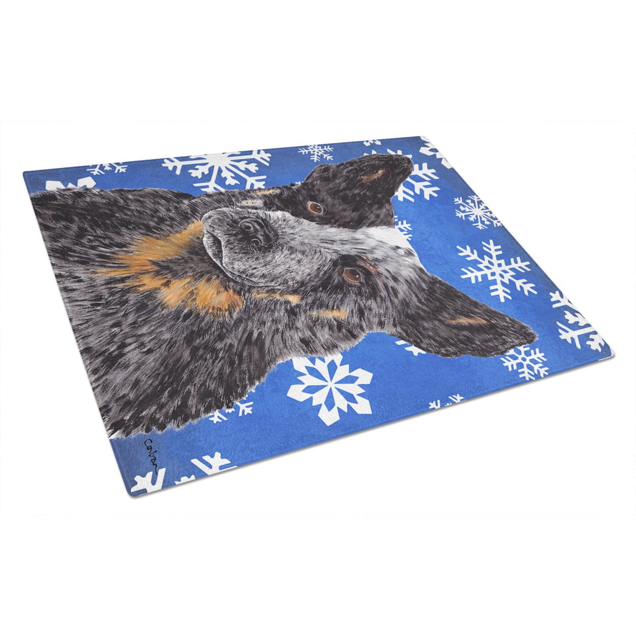 Carolines Treasures SC9396LCB Australian Cattle Dog Winter Snowflakes Holiday Glass Cutting Board Large, 12H x 16W,