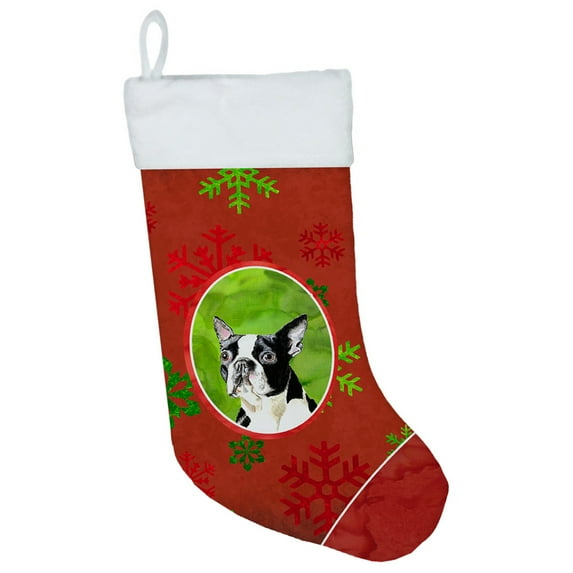 Caroline's Treasures Boston Terrier Snowflakes Multi-color Christmas Stocking, with Soft Suede Fabric, 18"
