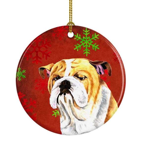 Carolines Treasures SC9414-CO1 Bulldog English Red and Green Snowflakes Holiday Christmas Ceramic Ornament 3 in