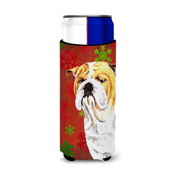 Carolines Treasures SC9414MUK Bulldog English Red and Green Snowflakes Holiday Christmas Ultra Hugger for slim cans Slim