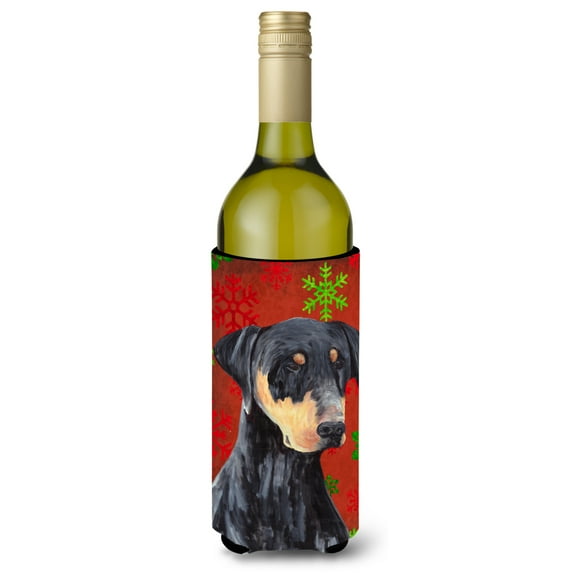 Carolines Treasures SC9417LITERK Doberman Red and Green Snowflakes Holiday Christmas Wine Bottle Hugger Wine Bottle