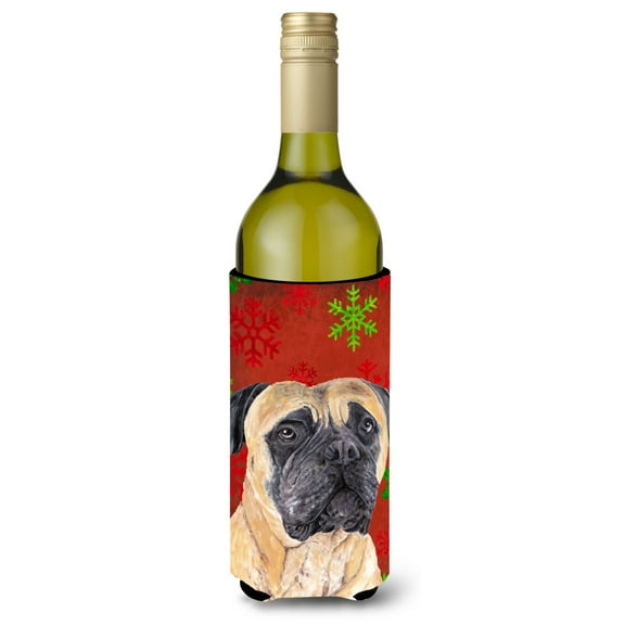 Carolines Treasures SC9425LITERK Mastiff Red and Green Snowflakes Holiday Christmas Wine Bottle Hugger Wine Bottle
